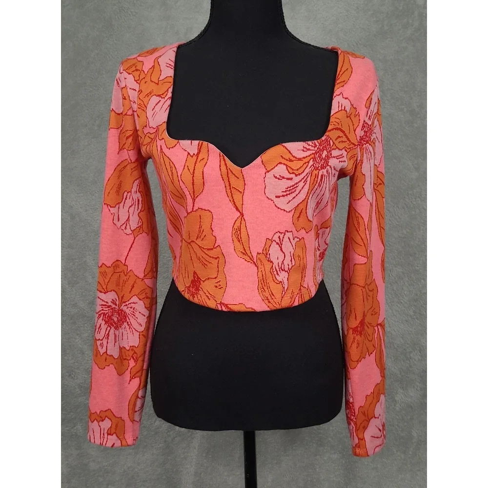 Zara Floral Sweetheart Jacquard Crop Top L‎ Long Sleeve Pink Orange Blogger Fav